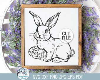 Easter Bunny SVG for Cricut, Easter Bunny Sign JPG, Kid's Coloring Easter Shirt PNG, Cute Rabbit with Easter Eggs, Vinyl Decal Cut File