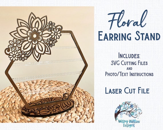 Floral Earring Stand File for Laser Cutter, Jewelry Holder Wood File, Xtool, Glowforge Project, Flower Earring Display, Engraved Cut File