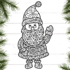 Puede incluir: Una ilustración de arte lineal en blanco y negro de Santa Claus con intrincados patrones florales y de remolinos en el gorro, la barba y el abrigo. El diseño incluye texto que enumera los formatos SVG, DXF, EPS, PNG, JPG y PDF a la izquierda.