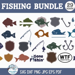 May include: A digital graphic collection titled FISHING BUNDLE 29 DESIGNS featuring various vector illustrations of fish, fishing rods, hooks, shields, and text elements including Gone Fishin' and WTF WHERE'S THE FISH in multiple colors.