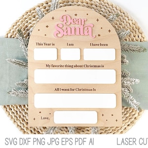 Carta de Papá Noel, archivo SVG navideño para cortadora láser, pizarra de borrado en seco, lista de deseos navideños, accesorio fotográfico, Glowforge, letrero de arco navideño Xtool