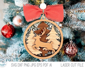 Reindeer Christmas Ornament SVG File for Laser Cutter, Layered Woodland Forest Winter Holiday Round Ornament, Deer, Trees, Glowforge, xTool