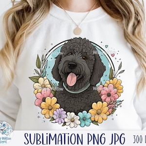 Labradoodle Dog Sublimation Png, Black Cartoon Dog with Flowers, Floral Dog Drawing JPG, Golden Doodle Poodle Puppy