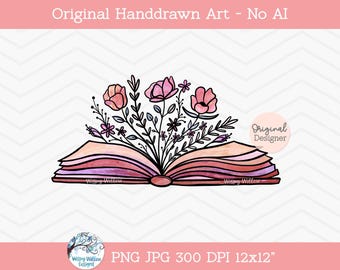 Book with Flowers Sublimation PNG, Floral Book PNG, Book with Flowers Growing, Vintage Book, Reading, Read, Pink Book Png, Jpg, Sublimation