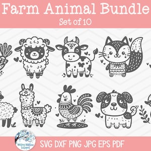 Pacote SVG de animais de fazenda para Cricut, clipart de chá de bebê PNG, gato, coelhinho, pato, frango, galo, lhama, ovelha, vaca, cordeiro, cachorro, cabra