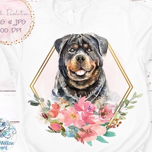 Rottweiler Dog Sublimation Png, Watercolor Rottweiler Png, Rottweiler with Flowers PNG, Jpg, Floral Dog Shirt Png, Rottweiler Dog Printable
