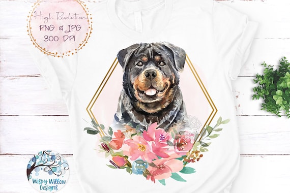 Rottweiler Dog Sublimation Png, Watercolor Rottweiler Png, Rottweiler with Flowers PNG, Jpg, Floral Dog Shirt Png, Rottweiler Dog Printable