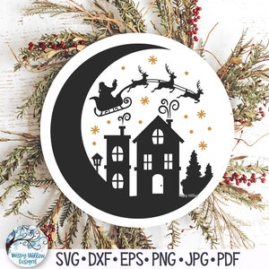Nochebuena Skyline Moon SVG para Cricut, Trineo de Santa Claus volando sobre la ciudad, Luna creciente con Santa y reno, Archivo de calcomanía de vinilo