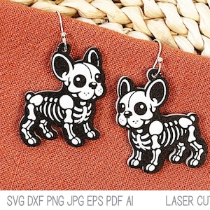 Brinco de esqueleto de cachorro buldogue francês arquivo SVG para cortador a laser, joias de Halloween para filhotes para Glowforge, Xtool, design engraçado de animal de estimação de outono