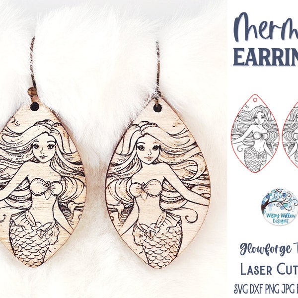 Mermaid Earrings SVG File for Glowforge or Laser Cutter, Engraved Beach Earrings for Girl, Pretty Summer Wood Earring File, Ocean Jewelry