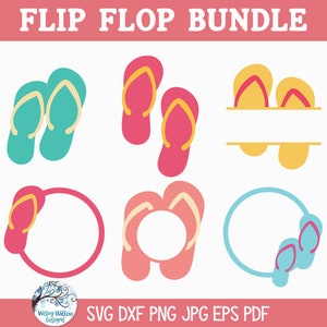 Puede incluir: Un conjunto de seis archivos de corte digital que presentan chanclas en varios colores y estilos. Los diseños incluyen un par de chanclas, un diseño de monograma dividido y tres diseños circulares con chanclas en el lateral. El texto "FLIP FLOP BUNDLE" está en la parte superior de la imagen. El texto "SVG DXF PNG JPG EPS PDF" está en la parte inferior de la imagen.