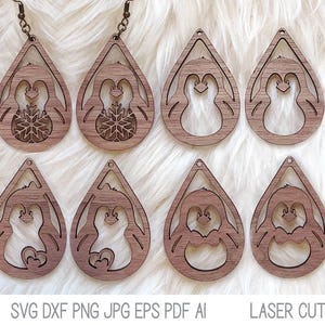 Archivo SVG de aretes de pingüino para Glowforge o cortador láser, aretes de vacaciones de invierno, aretes colgantes de animales, joyería de madera xTool, corte láser DXF