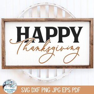 May include: A rectangular wooden sign with a white background and a dark brown frame. The text HAPPY is printed in large black block letters, and the word Thanksgiving is written below in a smaller, cursive, copper-coloured script font.