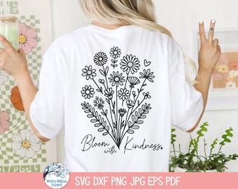 Blomma med vänlighet SVG för Cricut, självkärlek, bohemiska blommor, inspirerande citat, glad vildblomma PNG, var snäll, positiv motiverande