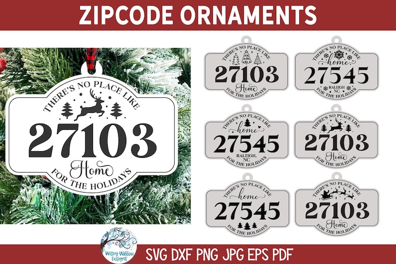 May include: A collection of white, rectangular, rounded-edge ornaments featuring black text and graphics. Each ornament displays a unique five-digit postcode, the phrase 'THERE'S NO PLACE LIKE HOME FOR THE HOLIDAYS', and various holiday icons.