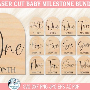 Paquete SVG Baby Milestone para cortador láser Glowforge o Xtool, rondas mensuales de hitos de madera grabadas en Boho Arch, Hola, un mes, un año