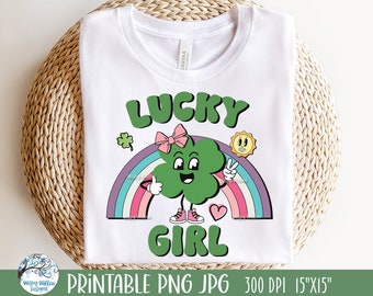 St. Patricks Day Sublimation Png, Lucky Girl, Retro vierblättriges Kleeblatt JPG, süßes lustiges Shamrock Printable, Kleinkind Kinder Irish Shirt Design