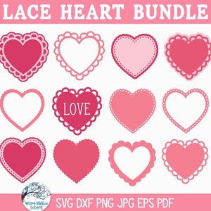 Paquete de archivos SVG de corte de corazón de encaje para Cricut, clip art PNG JPG de tapete de encaje festoneado, etiqueta de corazón de amor para el día de San Valentín, Glowforge Laser Svg