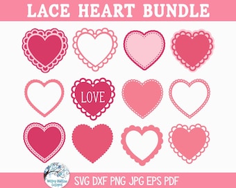 Lace Heart SVG Cut File Bundle for Cricut, Scallop Lace Heart Doily Clip Art PNG JPG, Valentine's Day Love Heart Tag, Glowforge Laser Svg