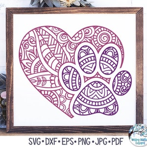 Paw Print Heart Mandala SVG, Paw Print Zentangle SVG, Hond Mandala Svg, Pet Paw Print Mandala, Animal Mandala, Vinyl Decal Bestand voor Cricut afbeelding 1