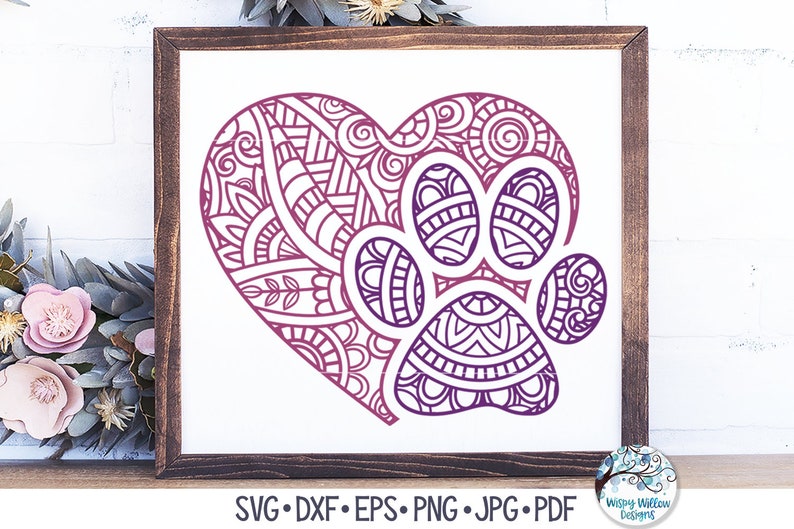 Paw Print Heart Mandala SVG, Paw Print Zentangle SVG, Hond Mandala Svg, Pet Paw Print Mandala, Animal Mandala, Vinyl Decal Bestand voor Cricut afbeelding 1