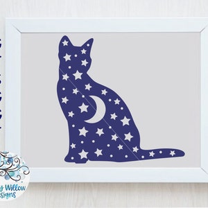Kat met maan en sterren SVG, kat met sterren, kat ster stickerbestand, kat nachtelijke hemel SVG, kat stickerbestand, SVG, zwarte kat, magische kat, Halloween