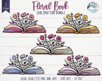 Boek met bloemen sublimatiebundel, bloemenboek PNG, boek met groeiende bloemen, vintage boek, lezen, sublimatieboekbundel met bloemen
