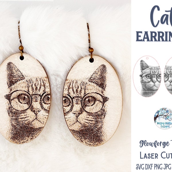 Cat with Glasses Earring SVG File for Glowforge or Laser Cutter, Cute Pet Engraved Jewelry, Funny Animal Earrings, Digital Download File