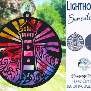 Lighthouse Suncatcher for Glowforge or Laser Cutter SVG, Summer Beach Sun Catcher Svg, Lighthouse with Waves, Nautical Ornament File, AI