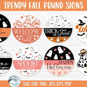Paquete SVG de signos de otoño redondos para Cricut, signo de bienvenida de Halloween de moda PNG, colgador de puerta de calabaza floral, archivo JPG de sublimación, fantasma vaquero