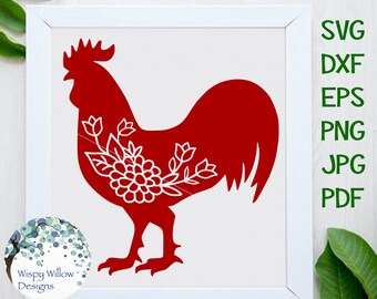 Rooster SVG File, Chicken with Flowers, Floral Farm Animal PNG Clipart, Rooster Silhouette, Bird, Kitchen SVG, Vinyl Decal Cut File Download