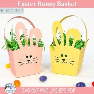 Panier lapin de Pâques SVG pour Cricut, porte-bonbons, modèle de papier cartonné 3D printemps, travaux manuels pour enfants, fichier boîte cadeau fête de Pâques