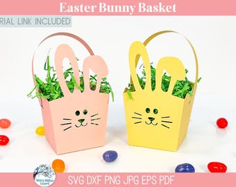 Arquivo SVG de cesta de coelhinho da Páscoa para Cricut, porta-doces, molde de papel cartão 3D com tema de primavera, artesanato DIY para crianças, caixa de lembrancinhas para festa de Páscoa.