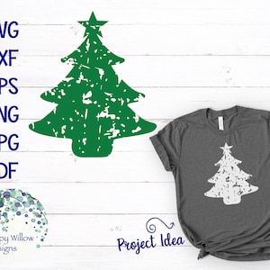 ダメージ加工のグランジクリスマスツリー SVG、DXF、PNG、jpg、eps、冬、クリスマスツリー、ヴィンテージ、サイン、シャツ、デジタルダウンロード、冬、クリカット