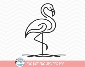 May include: A black line art illustration of a flamingo standing on one leg, centered on a white background with a subtle chevron pattern. The text "Wispy Willow Designs" appears in a circular logo, followed by "SVG DXF PNG JPG EPS PDF".