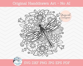 Dragonfly Mandala SVG, Summer Floral Dragonfly Zentangle, Intricate Dragonfly and Flower Mandala, Coloring, Vinyl Decal Cut File for Cricut