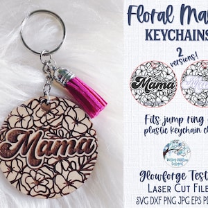Floral Mama Keychain for Glowforge or Laser Cutter SVG, Keychains for Mom Svg, Mom Gift, Mama with Flowers, Wood Keychain Laser File AI, Dxf