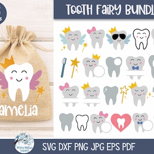 Bundle SVG fée des dents pour Cricut, contour de la dent et Silhouette Clip Art, mignons dessins personnalisés de sac pochette à dents, fichier de coupe sticker vinyle