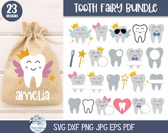Tooth Fairy SVG Bundle for Cricut, Tooth Outline and Silhouette Clip Art, Cute Personalized Tooth Pouch Bag Designs, Vinyl Decal Cut File