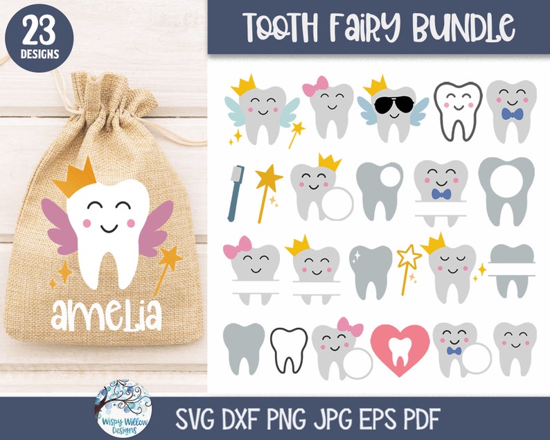 Puede incluir: Un paquete digital de 23 dise&ntilde;os de hada de los dientes con dientes de dibujos animados que llevan coronas, alas, varitas y lazos. La colecci&oacute;n incluye varios gr&aacute;ficos de dientes grises y blancos, algunos con espacios vac&iacute;os, sobre un saco de arpillera.