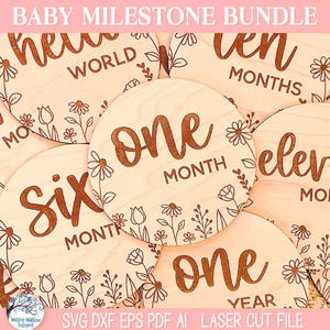 Découpeuse laser de lot de fichiers SVG jalon bébé fille, signe nouveau-né fleurs sauvages, Bonjour tout le monde, mois, année, accessoire photo rond floral, Glowforge