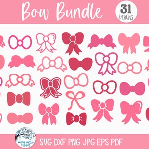 Pacchetto SVG fiocco per Cricut, fiocco sagoma Clip Art PNG JPG, fiocco per capelli bambina, farfallino, nastro presente, file di taglio decalcomania in vinile