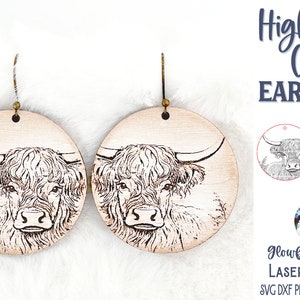 Highland Cow Earring File - SVG for Glowforge Laser Cutter, Engraved Farm Animal Jewelry, Boho Farmhouse Earrings, Round Dangle Earring File