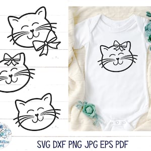 Pacchetto SVG con faccia di gatto carino, contorno faccia di gatto SVG, gatta neonata con fiocco, gatto maschio, illustrazione di gattino carino PNG, file di decalcomanie in vinile per Cricut