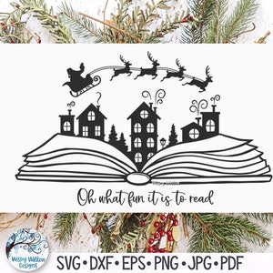 Oh quel plaisir c’est de lire SVG, Santa Claus Sleigh Flying Over Book pour Cricut, Holiday Book Skyline, Christmas Eve Vinyl Decal File