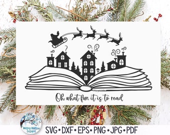 May include: A black and white digital graphic featuring an open book with a silhouette of a village and pine trees rising from the pages. Above the houses, Santa Claus in a sleigh pulled by reindeer flies. The text reads, Oh what fun it is to read.