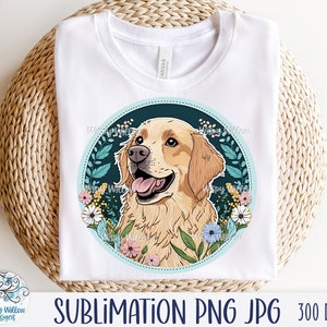 Sublimación de perro Golden Retriever Png con flores, perro floral con pelaje rubio JPG, lindo cachorro feliz clip art dibujo