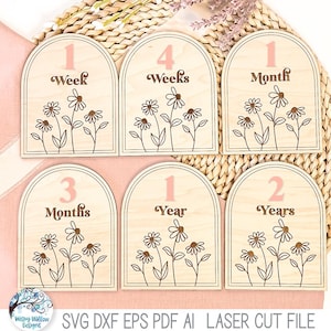 Lot de fichiers SVG jalon bébé fille, découpeuse au laser, semaine de fleurs sauvages, mois, année, accessoire photo arche florale, baby shower, Glowforge, xTool