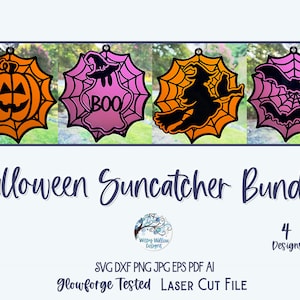 Halloween Suncatcher SVG Bundle for Glowforge or Laser Cutter SVG, Jack o Lantern Pumpkin, Bat, Witch, Ghost on Spider Web, Laser Cut File