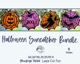 Paquete de archivos SVG de atrapasoles de Halloween para Glowforge o cortadora láser: calabaza de Jack o' Lantern, murciélago, bruja, fantasma en telaraña, archivo de corte láser.